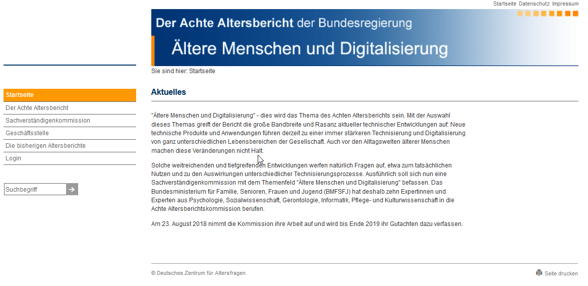 Screenshot dder Website zum achten Altenbericht